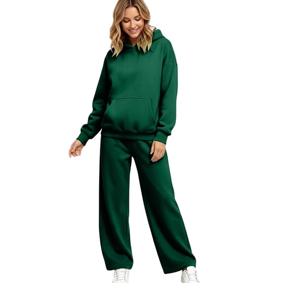 Women's Tracksuits 2 Piece Set Solid Color Fleece Hoodie Jogging Athletic Pants Set Relaxed Fit Fall Winter Suits with Pockets Dark Green 2XL