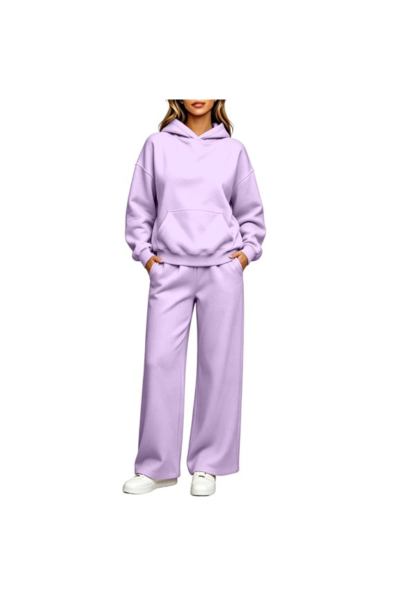 Women's Tracksuits 2 Piece Set Solid Color Fleece Hoodie Jogging Athletic Pants Set Relaxed Fit Fall Winter Suits with Pockets Light Purple L