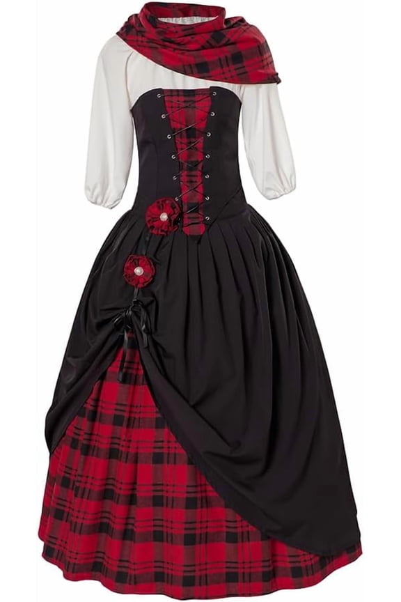Women's Traditional Scottish Plaid Dress Highland Renaissance Reenactment Christmas Outlander Gown