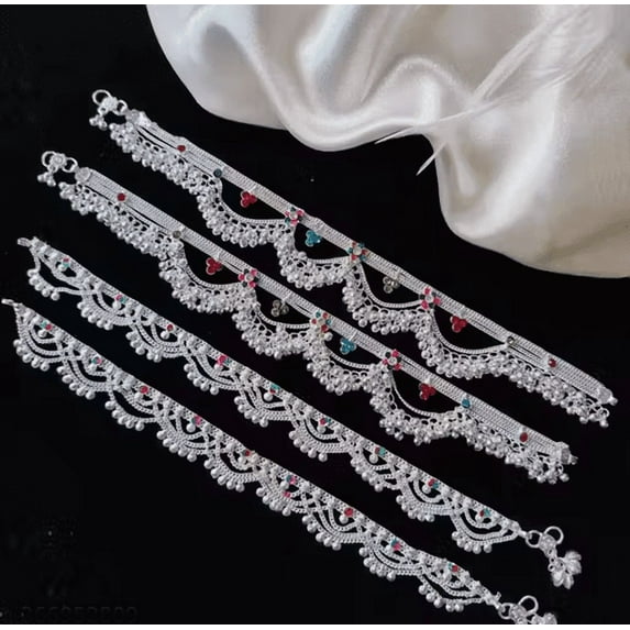 Women’s Traditional Silver-Plated Anklets Combo – 2 Pairs with Multicolor Detailing