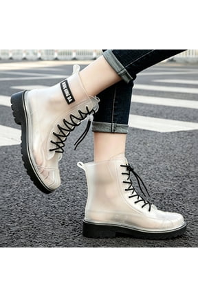 Women's Transparent Lace Up Mid Calf Rain Boots Adjustable Laces Non Slip Block Heel Contrast Lace Shades for Outdoor Rain Trips Street Fashion Matching Black 36