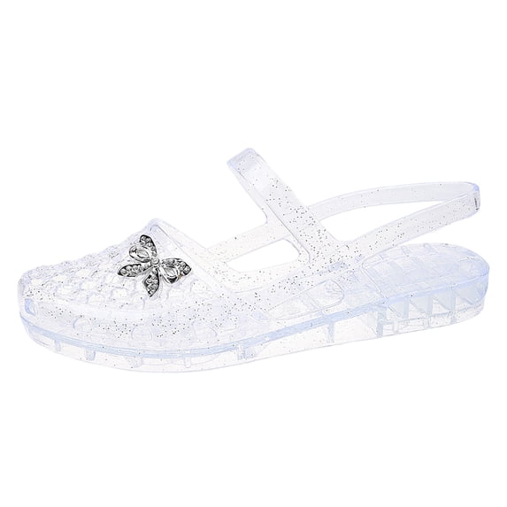 Women's Transparent Mary Jane Jelly Shoes With 3D Dutterfly, Rhinestone Buckle Retro Glitter Hollow Grid Breathable Flat Sandals