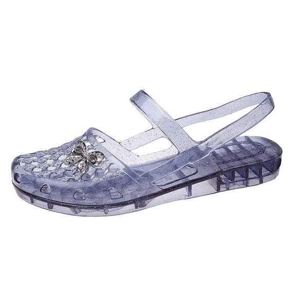 Women's Transparent Mary Jane Jelly Shoes With 3D Dutterfly, Rhinestone Buckle Retro Glitter Hollow Grid Breathable Flat Sandals