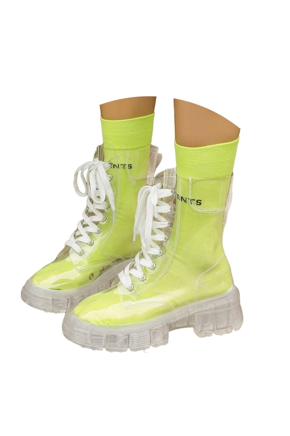 Women's Transparent Mid Calf Boots Lace Up Platform Combat Ankle Booties Non Slip Water-proof Clear Shoes