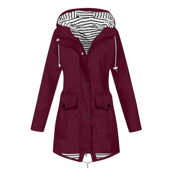 Women's Travel Friendly Mid Length Rain Jacket Waterproof Windproof Hooded Drawstring Waist with Flap Pockets Striped Lined Coat for Vacation Wine