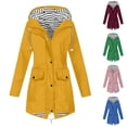 thumbnail image 1 of Women's Travel Friendly Mid Length Rain Jacket Waterproof Windproof Hooded Drawstring Waist with Flap Pockets Striped Lined Coat for Vacation Yellow, 1 of 6