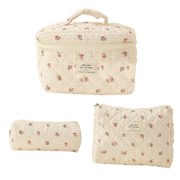 Women's Travel Makeup Bag Set Quilted Floral Cosmetic Organizer Toiletry Pouch for Storage 3PCS