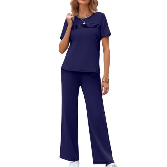 Women's Travel Two Piece Suit Casual Short Sleeve Outfits Wide Leg Pants