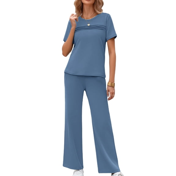 Women's Travel Two Piece Suit Casual Short Sleeve Outfits Wide Leg Pants
