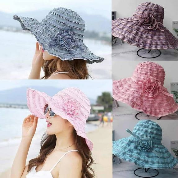 Women's Travel Vintage Sun Hat Foldable Wide Brim Summer Sun Hat with UV Protection/Dark Blue