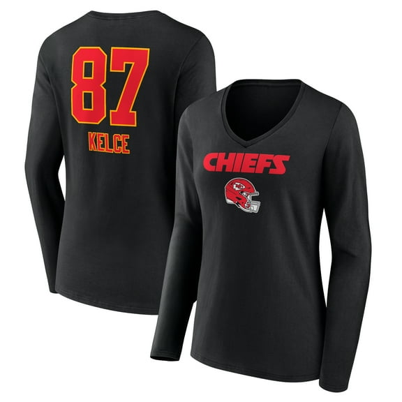Women's Travis Kelce Black Kansas City Chiefs Team Wordmark Player Name & Number Long Sleeve V-Neck T-Shirt