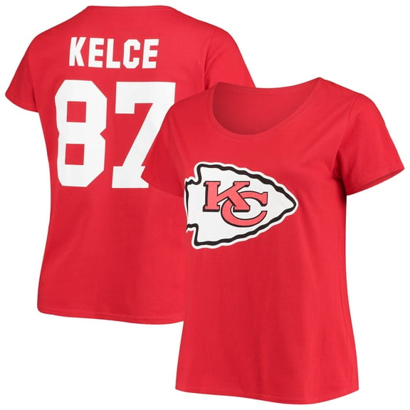 Women's Travis Kelce Red Kansas City Chiefs Plus Size Fair Catch Name & Number Scoop Neck T-Shirt