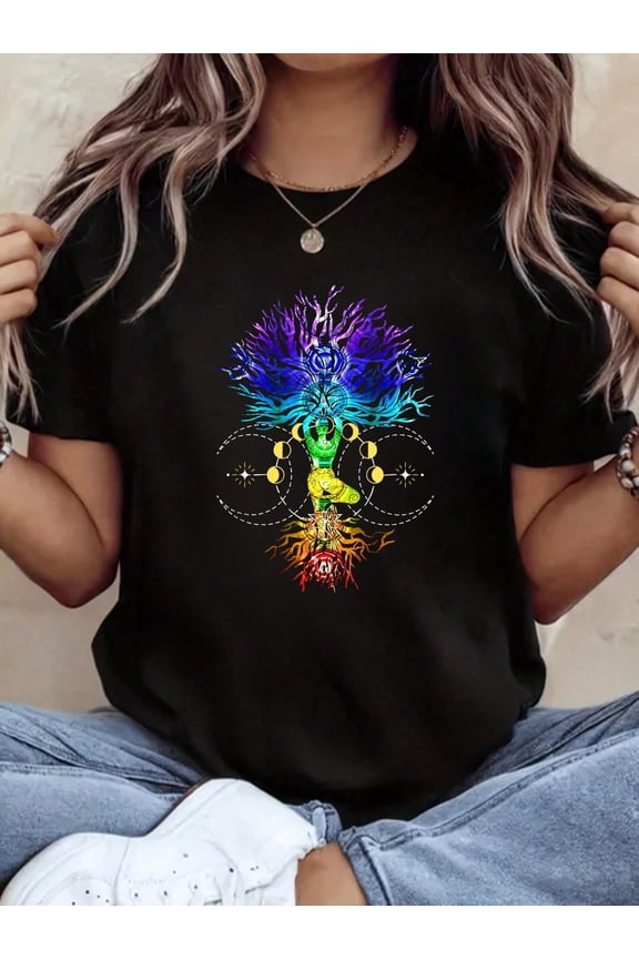 Women's Tree of Life Chakra Yoga T-Shirt Colorful Spiritual Meditation Graphic Tee Retro Celestial Moon Phases Aesthetic Top