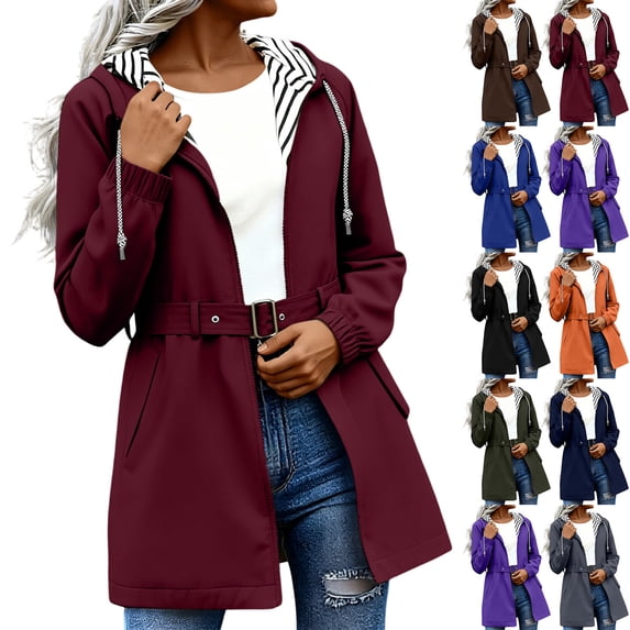 Women's Trekking Jacket Casual Hooded Mid-Length Waterproof Jacket With Adjustable Waist Belt and Pockets Available in Size S-2XL