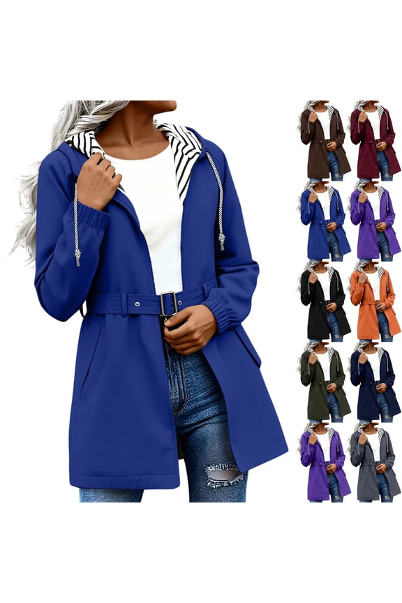 Women's Trekking Jacket Casual Hooded Mid-Length Waterproof Jacket With Adjustable Waist Belt and Pockets Available in Size S-2XL