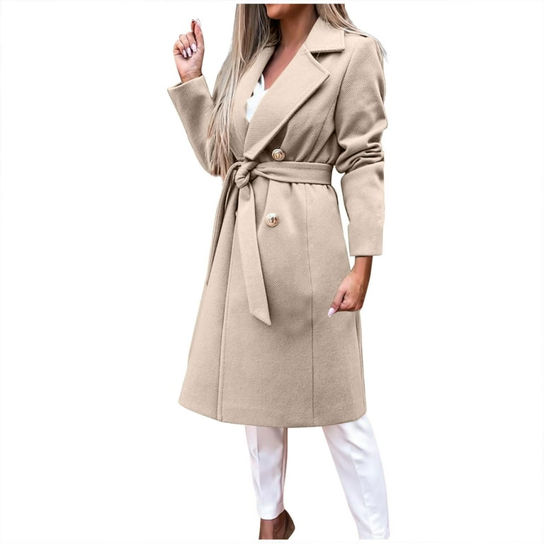 Women's Trench Coat Long Fall Winter Double Breasted Business Attire Lapel  Peacoat Jacket Elegant Vintage Fashion Belted Slim Cardigan Outwear