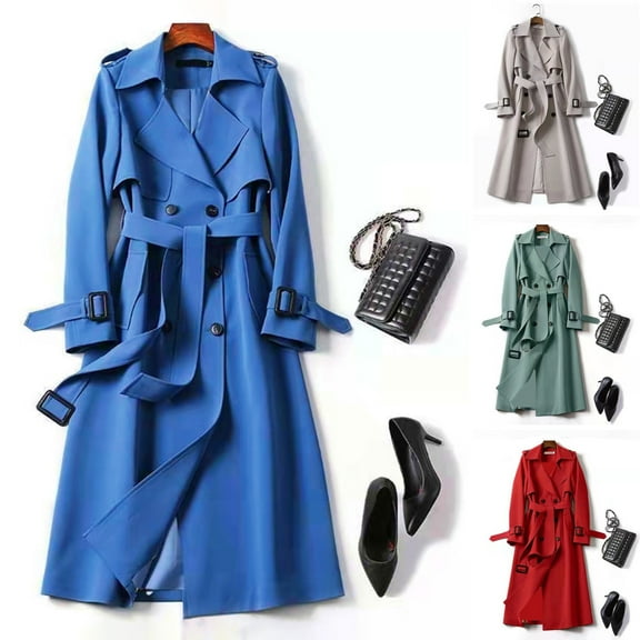 Women's Trench Coat - Turn-down Collar Solid Color, Double-breasted with Belt, Mid Length Loose Thermal Overcoat