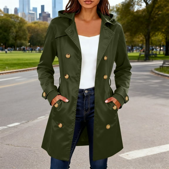 Women's Trench Coats Double Breasted Classic Fitting Lapel Overcoat Belted Business Outerwear Coat with Hood Green L , Lady Casual Winter Coat