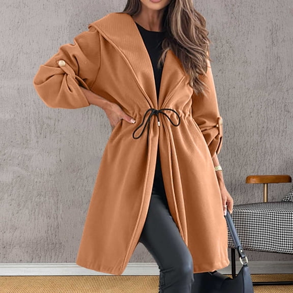 Women's Trench Coats Fashion Women Coat Solid Color Grid Turn Down Collar Tight Waist Warm Autumn Long Woolen Jacket Outwear Oatmeal Sweater Cardigan Women Womens Fall Clothes Trench Cardigan for
