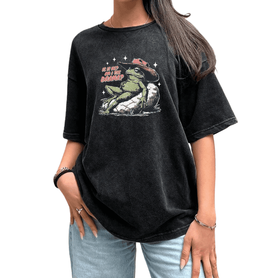 Women's Trendy Aesthetic "Is It Me Or Is It The Drama?" Retro Cowboy Frog Graphic Comfortable Washed T Shirt Black S-2XL Plus Size