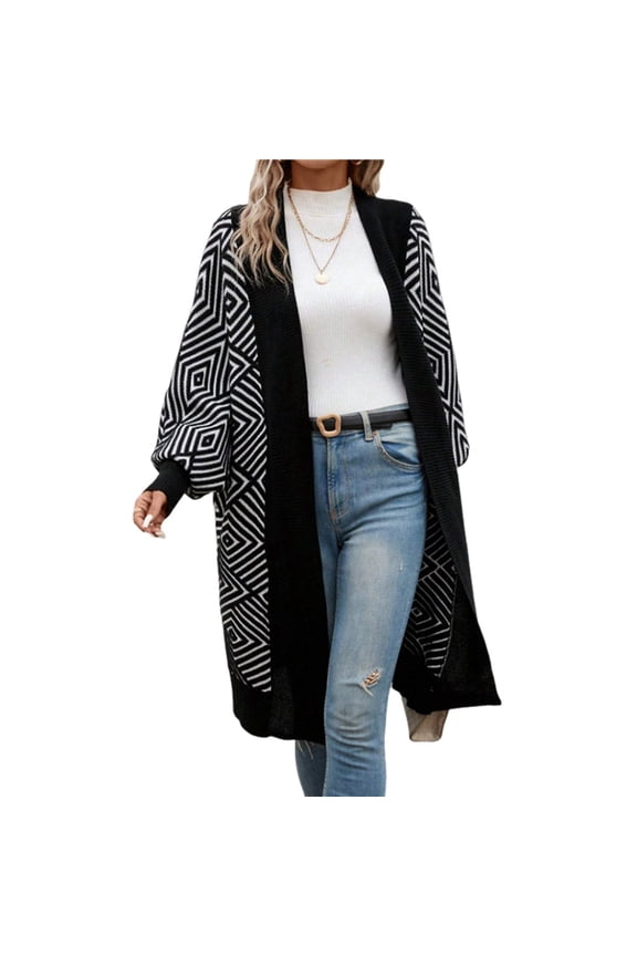 Women's Trendy Argyle Striped Knit Cardigan Open Front Long Sleeves Mid Long Sweater Coat
