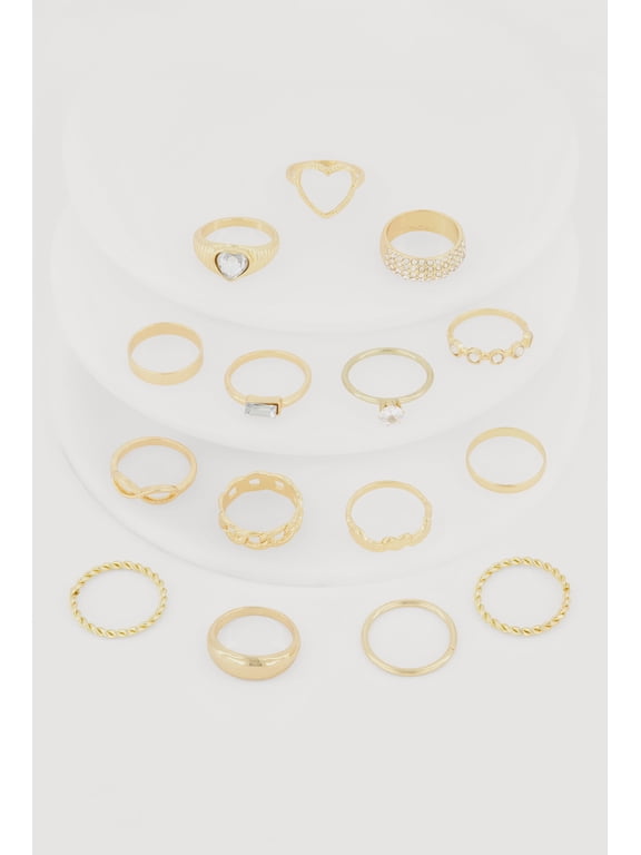 Women's Trendy Assorted Cubic Zirconia Metallic Rings Set of 15