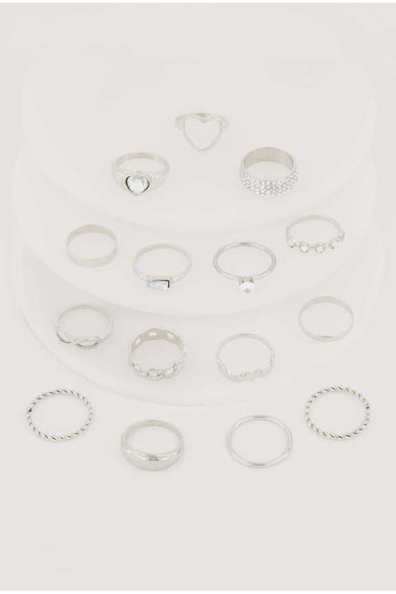Women's Trendy Assorted Cubic Zirconia Metallic Rings Set of 15