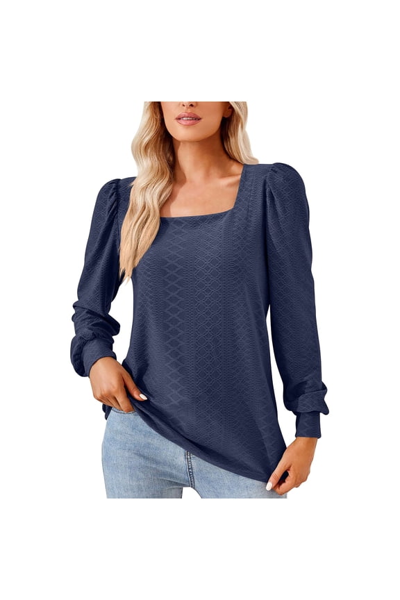Women's Trendy Blouses Square Neck Tops Fashion Solid Color Pleated Long Sleeve Loose T-shirt Casual Fall Tees (Small, Navy)