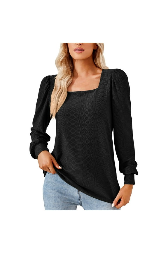Women's Trendy Blouses Square Neck Tops Fashion Solid Color Pleated Long Sleeve Loose T-shirt Casual Fall Tees (X-Large, Black)