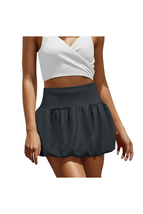 Women's Trendy Bubble Skirts Solid Color Mini Skirt High Elastic Waisted Skort Tummy Control Shorts Wide Leg Balloon Skorts Ruffled Pleated Short Skater Skirts