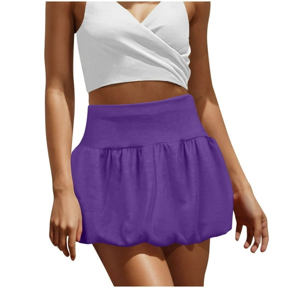 Women's Trendy Bubble Skirts Solid Color Mini Skirt High Elastic Waisted Skort Tummy Control Shorts Wide Leg Balloon Skorts Ruffled Pleated Short Skater Skirts