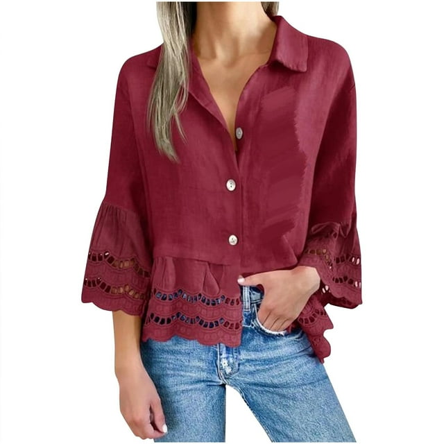 Women's Trendy Button Down Shirts Hollow 3/4 Flared Sleeve Blouse Solid Casual Collared Blouses Elegant Business Work Tops