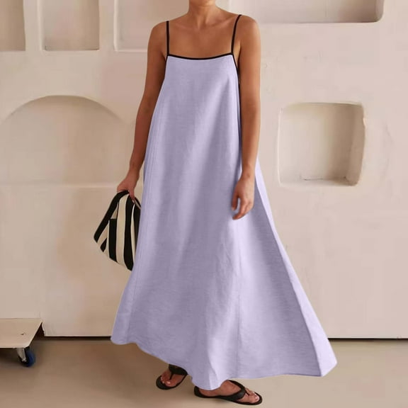 Women's 2025 Summer Flowy Contrast Spaghetti Strap Maxi Dress Casual Sleeveless Backless Beach