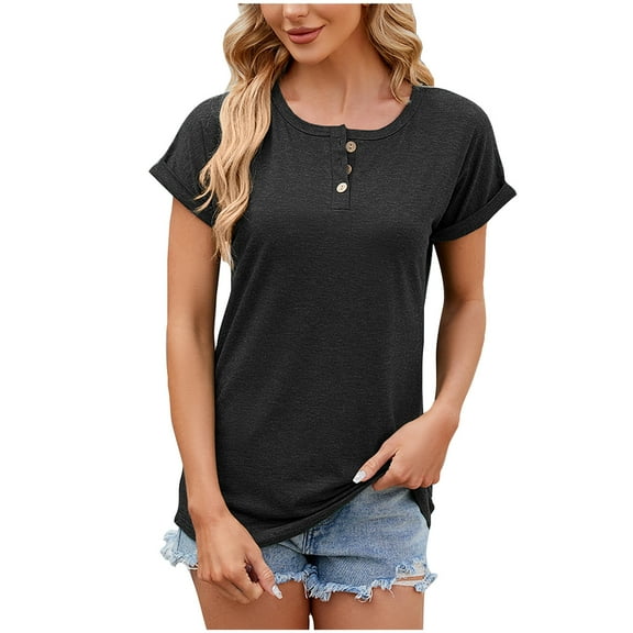 Women's Trendy Casual Short Sleeve Round Neck T-Shirts Tunic Solid Tops Soft Comfy Blouses Pullover Black,2XL