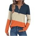 thumbnail image 1 of Women's Trendy Casual T-shirts 2 Button Henley V Neck Tshirts Striped/Plaid Printed Long Sleeve Tops Fall Spring (3XL, Orange|Colorblock), 1 of 5