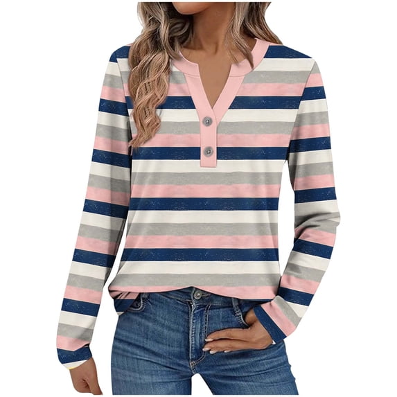Women's Trendy Casual T-shirts 2 Button Henley V Neck Tshirts Striped/Plaid Printed Long Sleeve Tops Fall Spring (3XL, Purple)