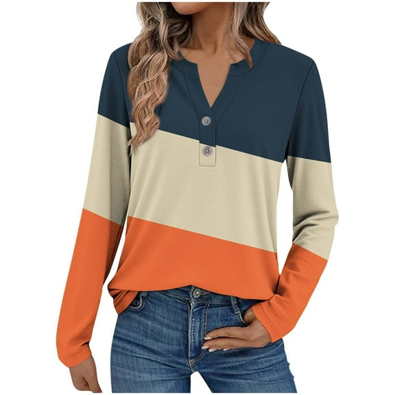 Women's Trendy Casual T-shirts 2 Button Henley V Neck Tshirts Striped/Plaid Printed Long Sleeve Tops Fall Spring (L, Orange|Colorblock)