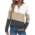 thumbnail image 1 of Women's Trendy Casual T-shirts 2 Button Henley V Neck Tshirts Striped/Plaid Printed Long Sleeve Tops Fall Spring (XL, Khaki|Colorblock), 1 of 5