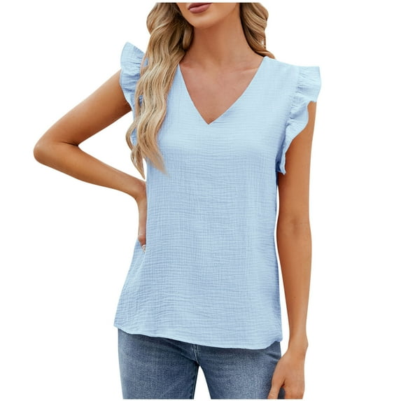 Women's Trendy Casual Tops Ruffled Sleeve Crewneck Pleated Front Loose Fit Solid Cute Babydoll Summer 2025 Blouses Sky Blue,L