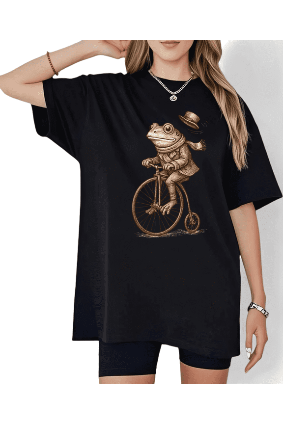 Women's Trendy Charming "Gentleman Frog On Bicycle" Graphic Comfortable T Shirt Cotton Short Sleeve Round Neck Top Black S-5XL