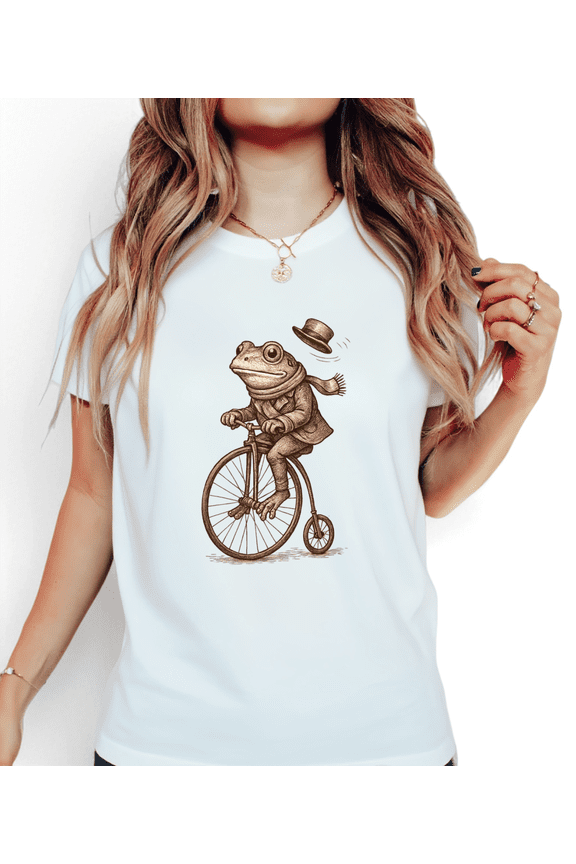 Women's Trendy Charming "Gentleman Frog On Bicycle" Graphic Comfortable T Shirt Cotton Short Sleeve Round Neck Top White S-5XL