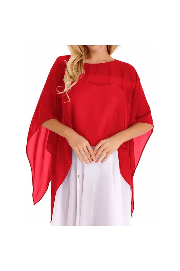 Women's Trendy Chiffon Capelet Batwing Sleeves Elegant Flowy Evening Wedding Shawl Wrap Sheer Mesh Asymmetric Hem Summer Sun Protection Cover Up Lightweight Beach Vacation Outfits, Red One Size