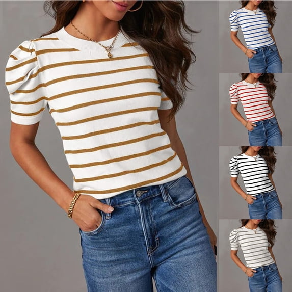 Women's Trendy Crewneck Short Puff Sleeve Striped Knit T-Shirts Blouse Comfy Breathable Soft Casual Daily Summer Outfits | CSEONE,Gray M