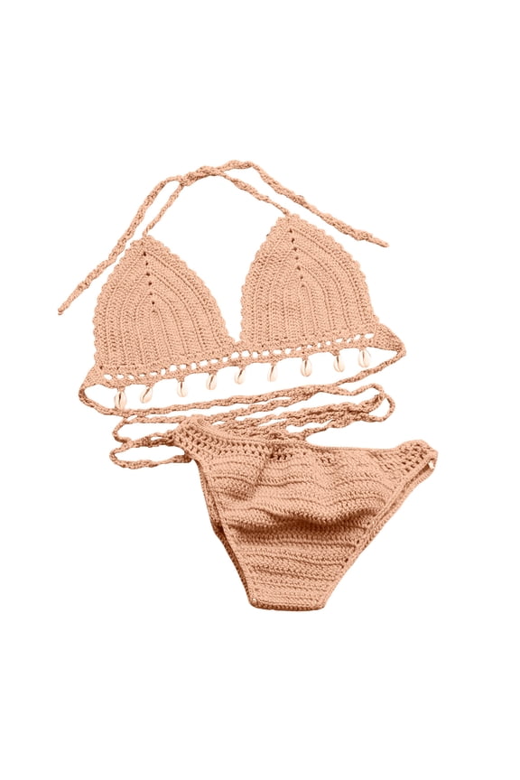 Women's Trendy Crochet Shell Triangle Bikini Set Summer Beach Bathing Swimsuit Hand-Knitted Hollow out Backless Bra High Waist Briefs Two-Piece Bathing Suits Khaki L