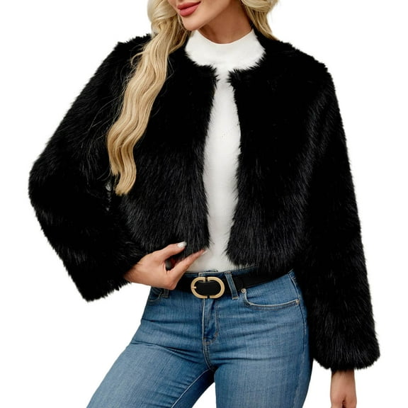 Women's Trendy Cropped Faux Fur Jacket Crewneck Open Front Cardigan Vintage Shaggy Winter Coat Black 2XL