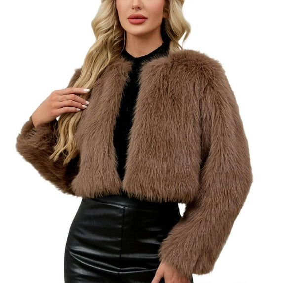 Women's Trendy Cropped Faux Fur Jacket Crewneck Open Front Cardigan Vintage Shaggy Winter Coat Coffee M