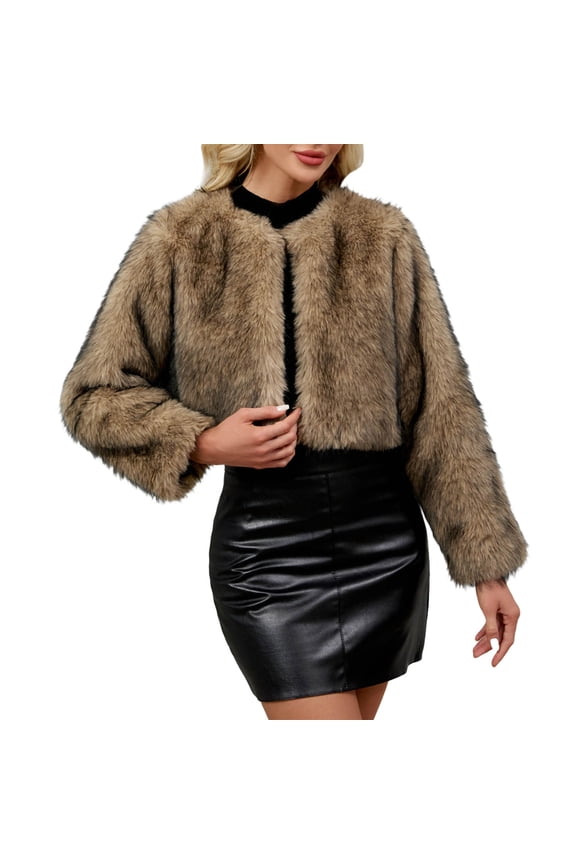Women's Trendy Cropped Faux Fur Jacket Crewneck Open Front Cardigan Vintage Shaggy Winter Coat Gray M