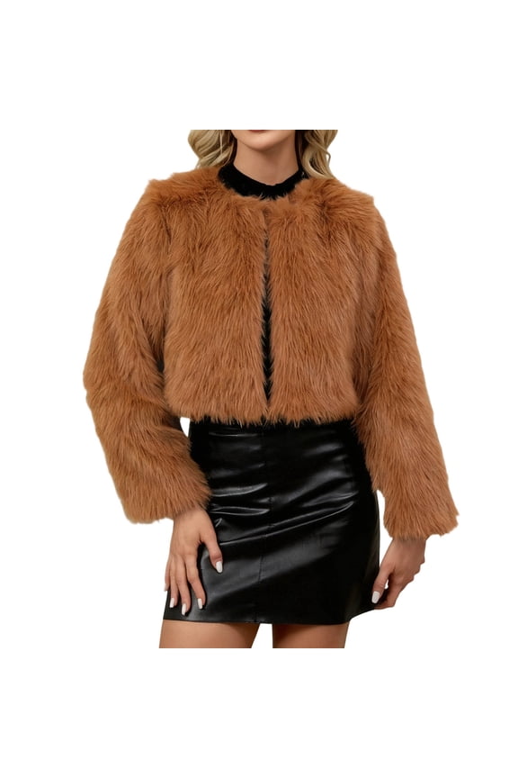 Women's Trendy Cropped Faux Fur Jacket Crewneck Open Front Cardigan Vintage Shaggy Winter Coat Orange 3XL