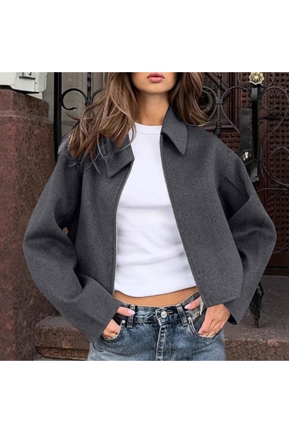 Women's Trendy Cropped Jacket Pea Coat Style Zip Up Short Casual Outerwear with Pockets