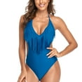 thumbnail image 1 of Women's Trendy Deep V Neck One Piece Swimsuit Cutout Fringe High Waisted Bathing Suit Monokini Swimwear Black Blue XL, 1 of 8